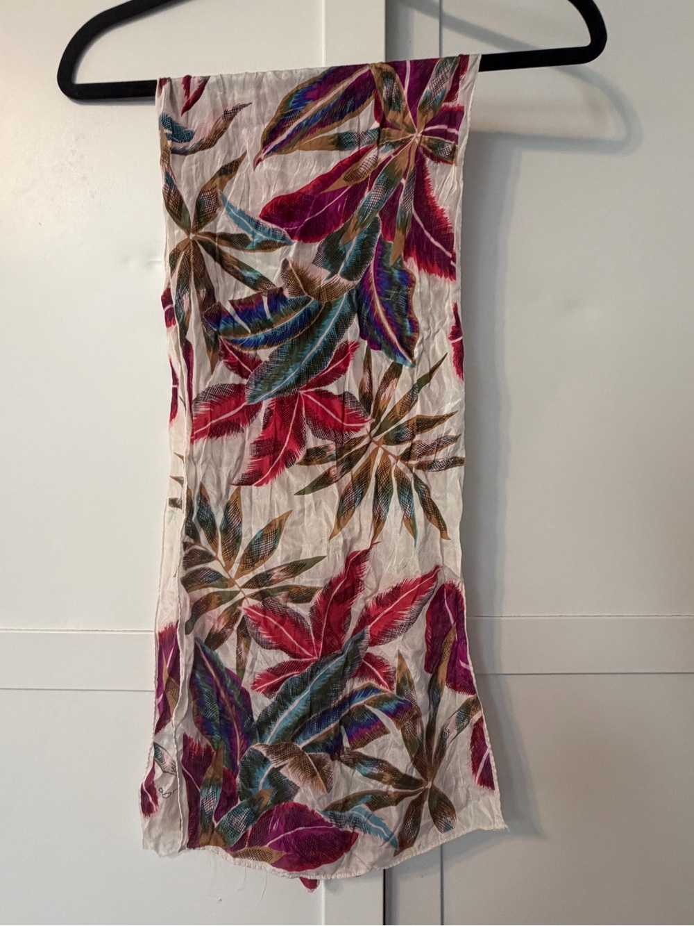 Vintage Echo Floral Leaf Scarf Ivory Pink Teal Green Lightweight 52 x 10